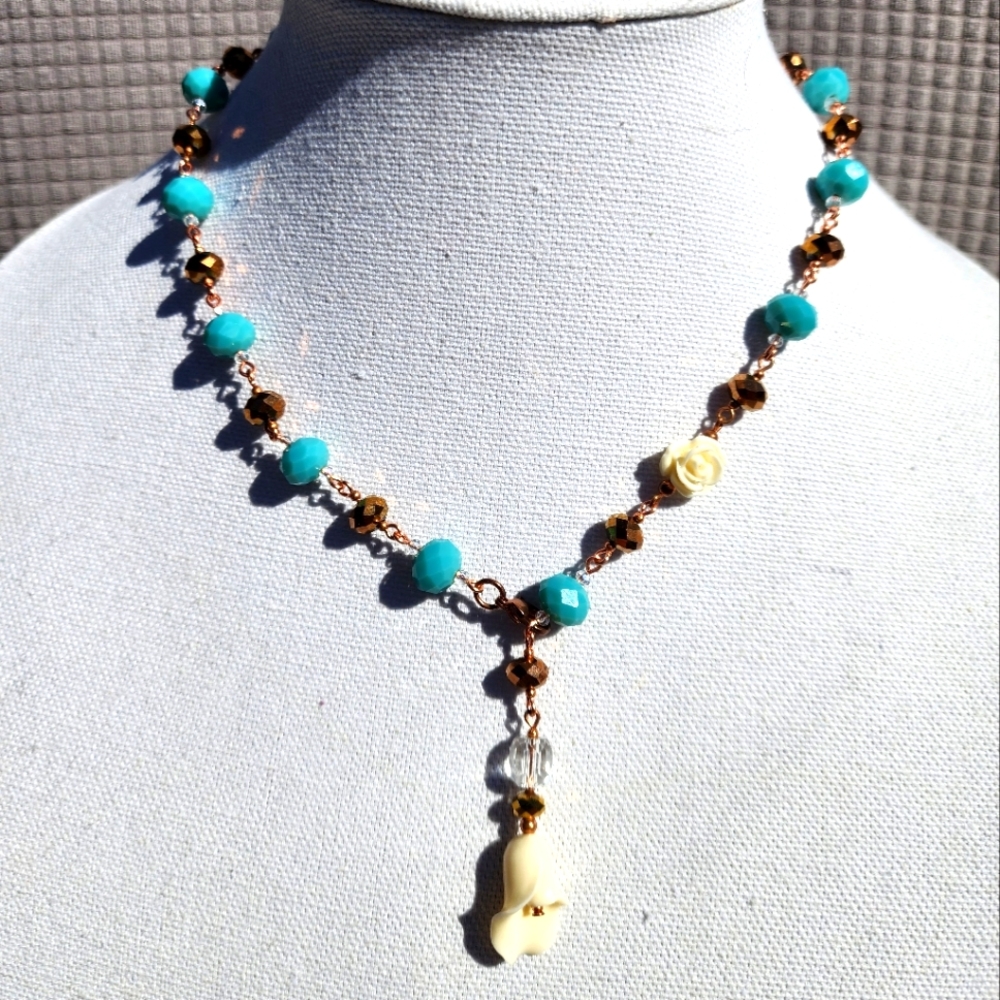 White lily, rose with turquoise and copper beaded necklace
